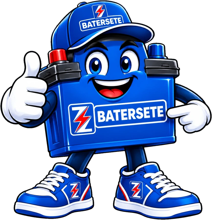 Mascote da Batersete, uma bateria azul sorridente fazendo joinha